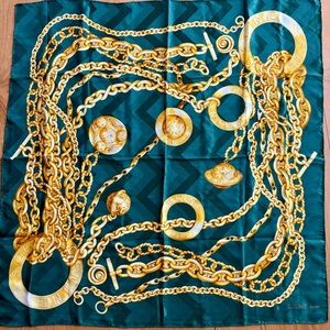 CÉLINE PARIS Hand-Rolled Silk Scarf in Emerald Green and Gold